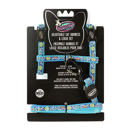 Lead And Harness Combo Feline Simons Nylon Adjustable - Blue Floral