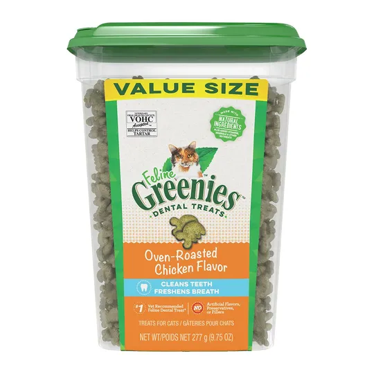 Greenie Feline Dental Treat Oven Roasted Chicken - 9.75 oz/277 g Tub