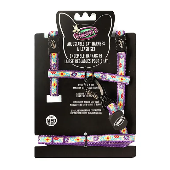 Lead And Harness Combo Feline Simons Nylon Cat Adjustable - Purple Floral